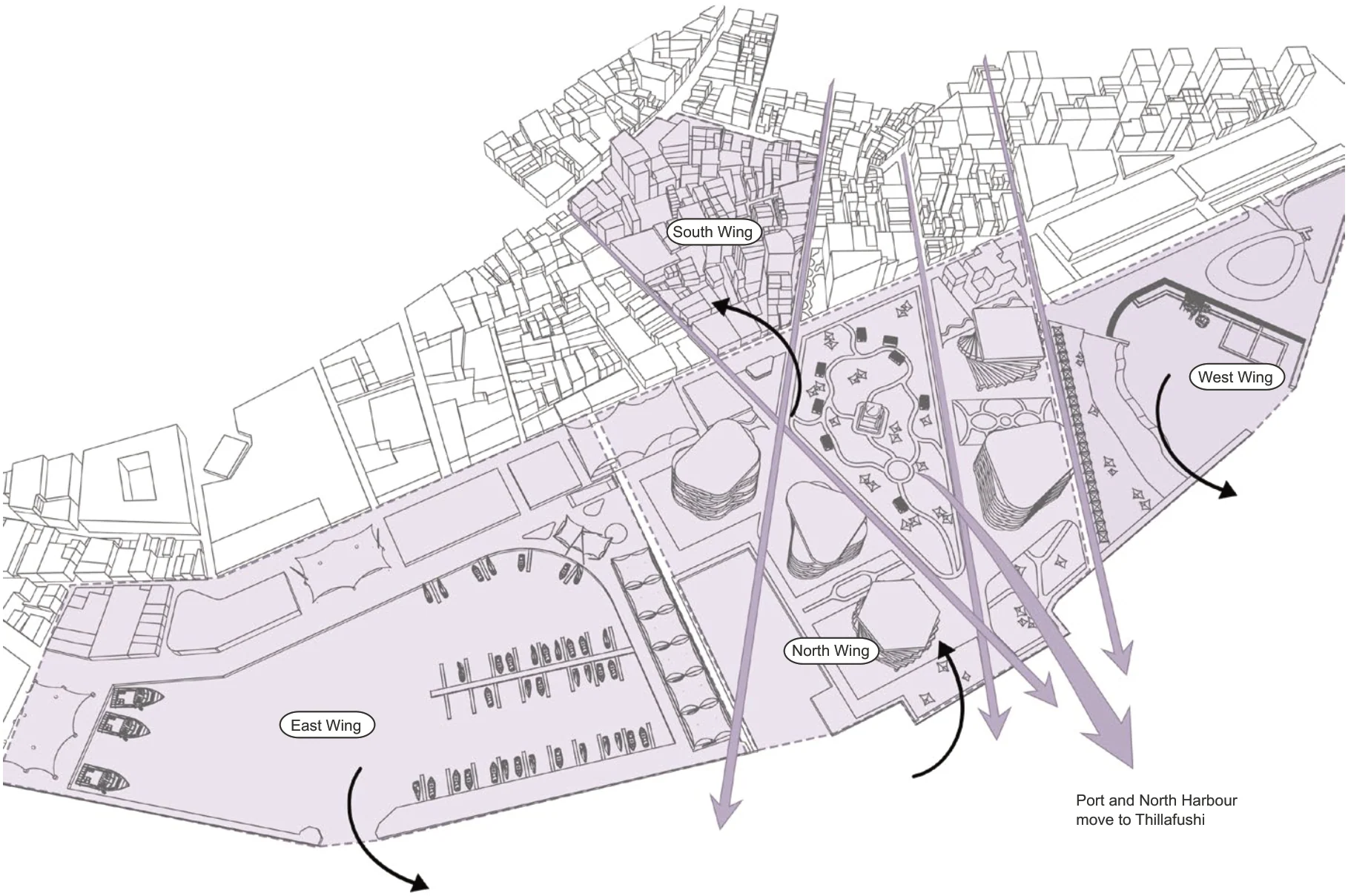 The parti: the port leaves, and four wings open Malé to the world, the ocean, its past and its future.