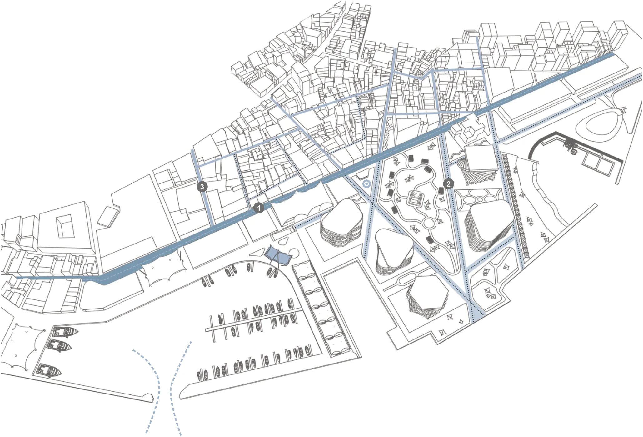 The road system: cars on the ring road, parking at the edge, and slow streets inside.