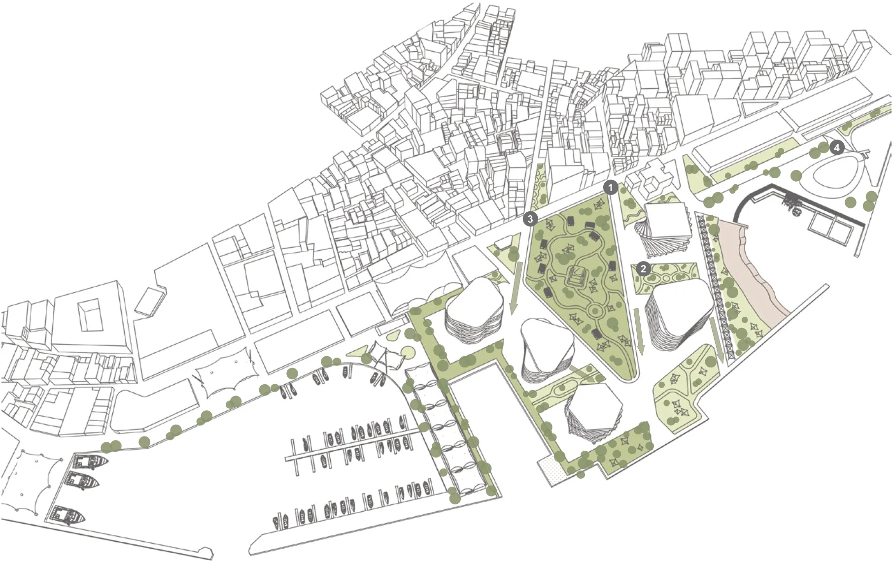 Parks, shaded links and the waterfront. Numbers refer to the views below.