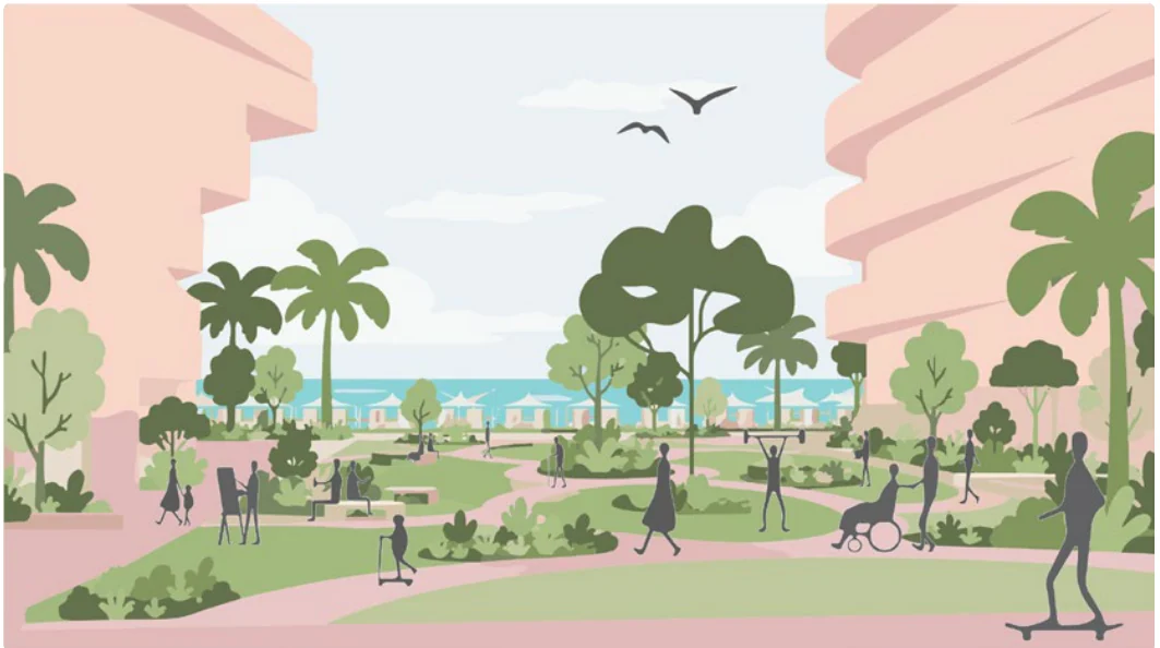 Pocket park. A pocket park in the future zone, near the beach.