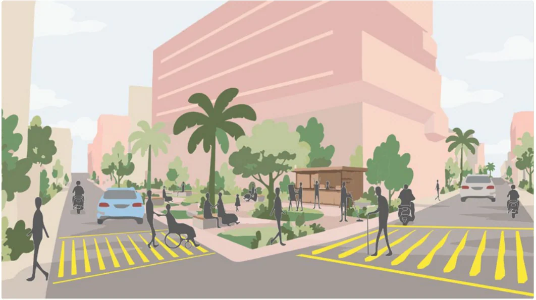 Pocket parks in the old area. Pocket parks on the plots that road widening frees in the old area.
