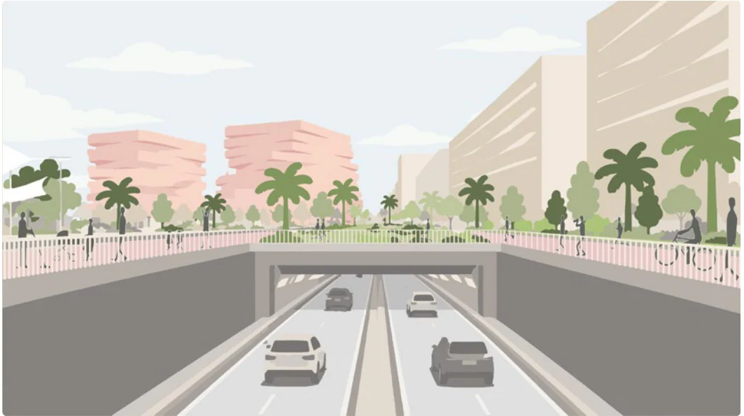 Tunnel public green. A park over the tunnel that carries through traffic under the site.