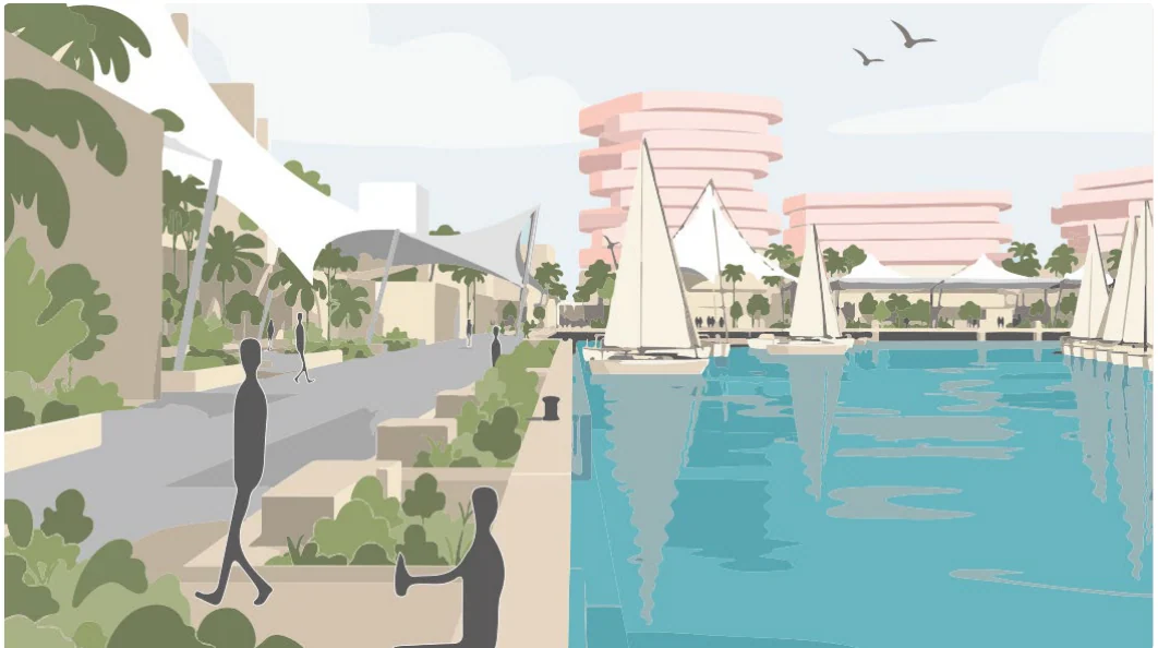 In front of the market. The redesigned fish and farmers’ markets, in front of the arrival terminal.