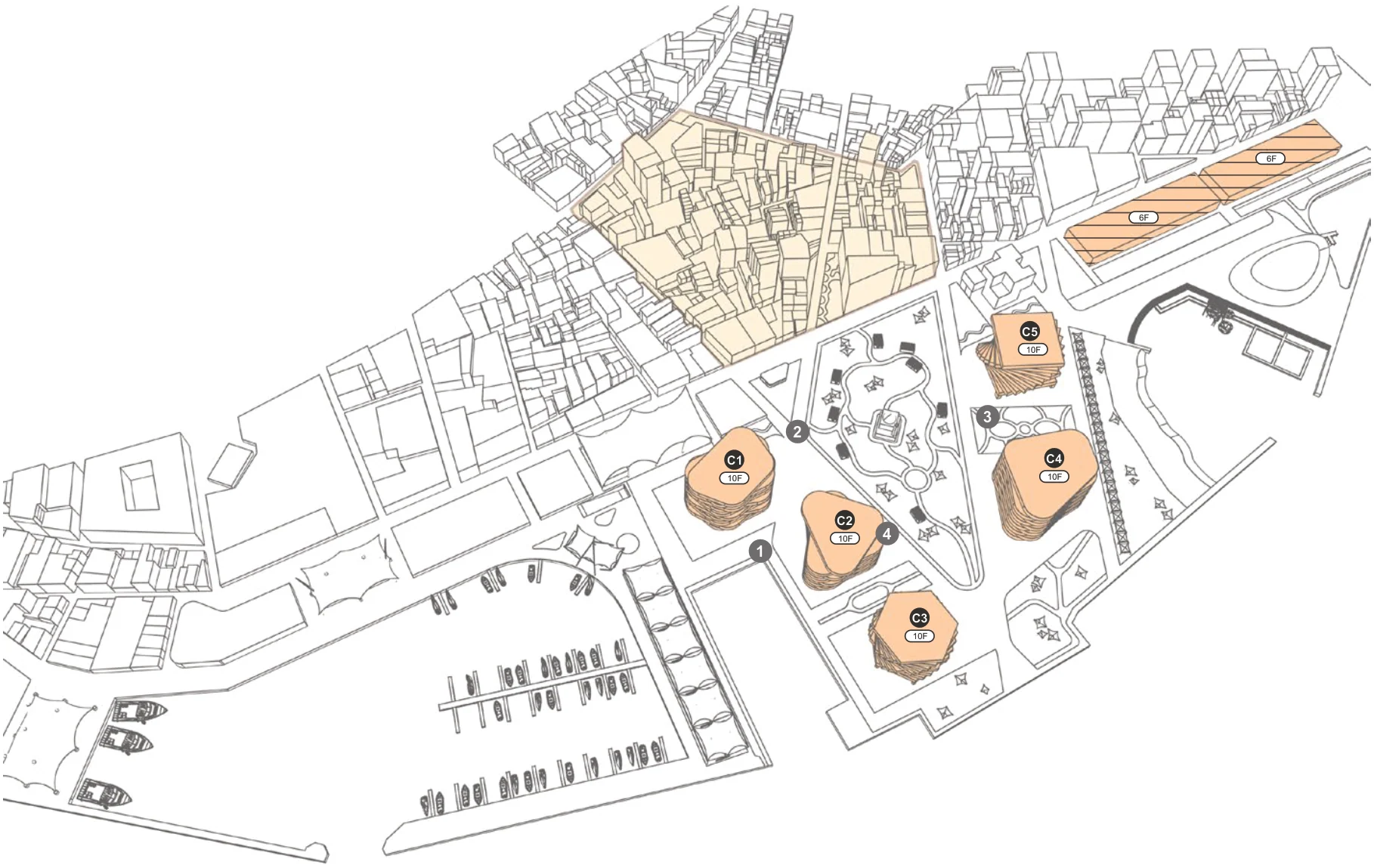Where people live: the old lanes, social housing and five capstone buildings. Numbers refer to the views below.